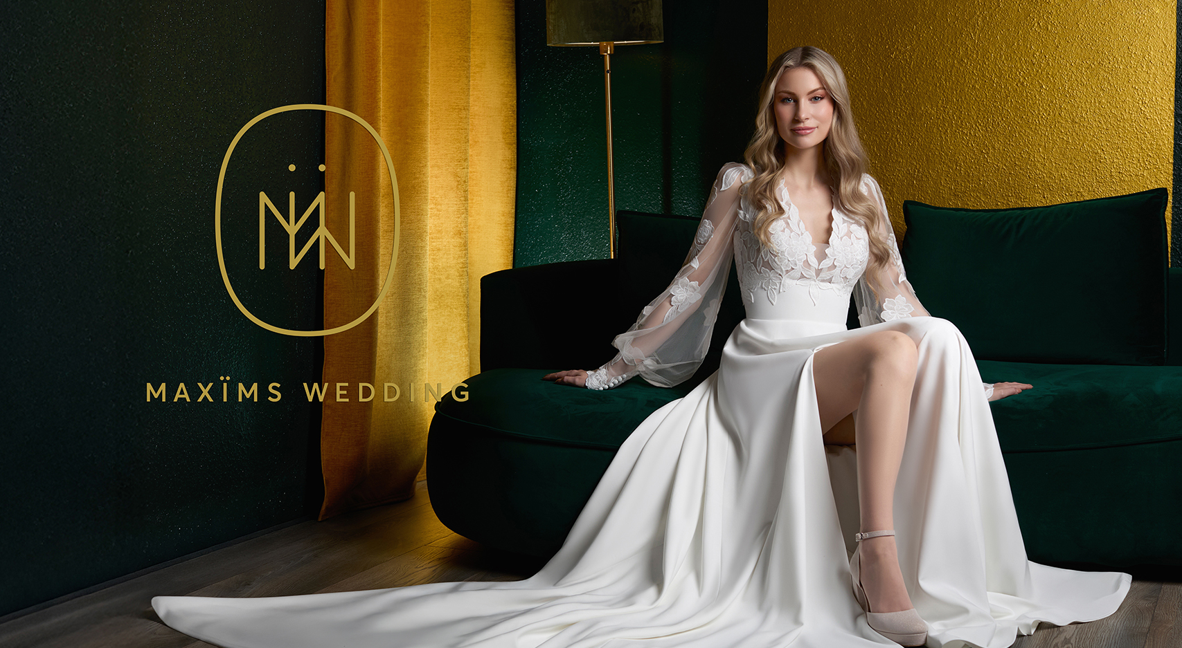 Bride in a wedding dress against a window background